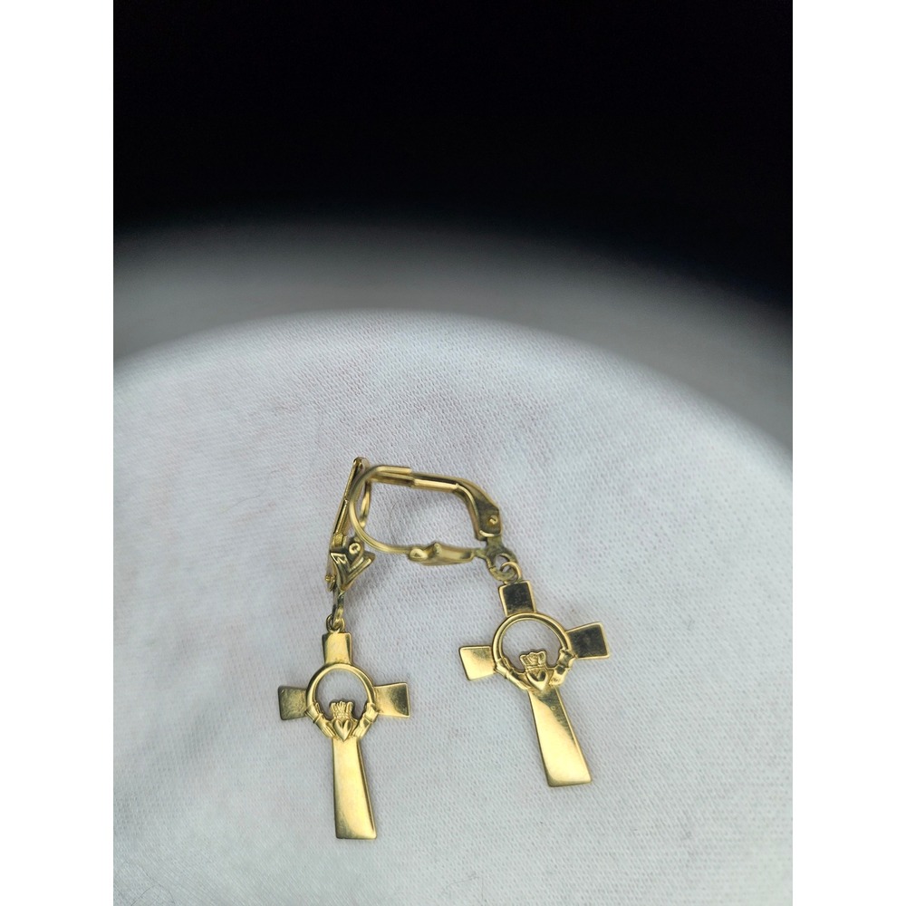 Vintage Solvar 9K Yellow Gold Celtic Claddagh Cross Leverback Earrings Ireland